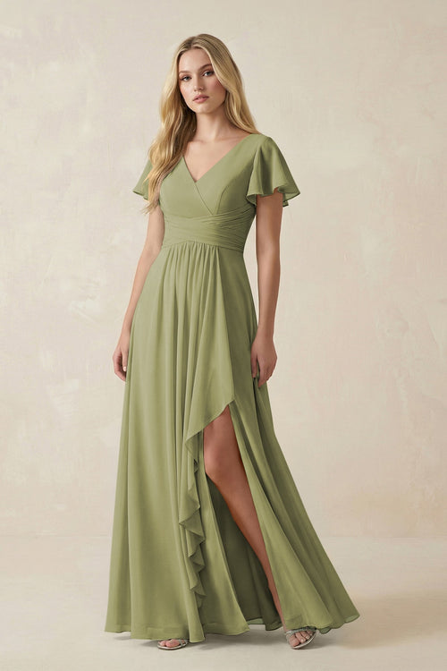 V - Neck Flutter Sleeve A - Line Chiffon Bridesmaid Dress in Moss Green - SHE IS ME Bridesmaid Dresses