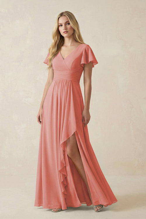 V - Neck Flutter Sleeve A - Line Chiffon Bridesmaid Dress in Mulberry - SHE IS ME Bridesmaid Dresses