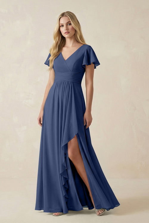V - Neck Flutter Sleeve A - Line Chiffon Bridesmaid Dress in Navy - SHE IS ME Bridesmaid Dresses