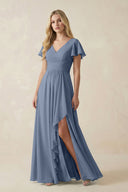 V - Neck Flutter Sleeve A - Line Chiffon Bridesmaid Dress in Neptune - SHE IS ME Bridesmaid Dresses
