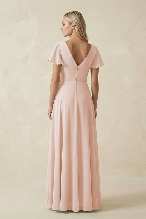 V - Neck Flutter Sleeve A - Line Chiffon Bridesmaid Dress in Pale Blush - SHE IS ME Bridesmaid Dresses