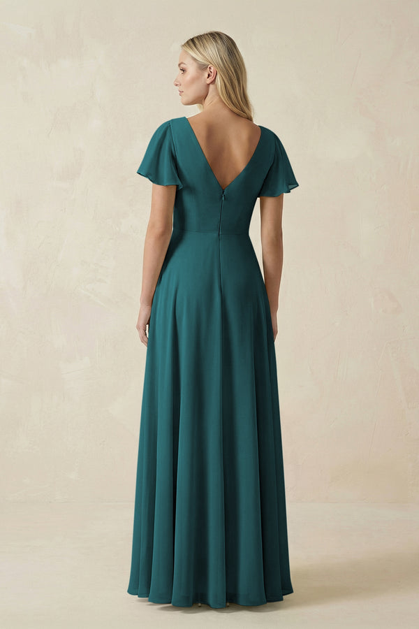 V - Neck Flutter Sleeve A - Line Chiffon Bridesmaid Dress in Pine - SHE IS ME Bridesmaid Dresses