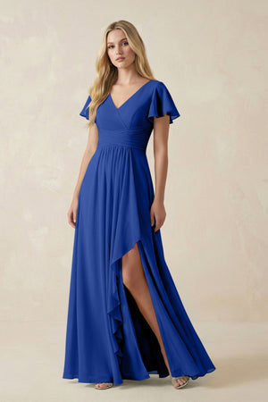 V - Neck Flutter Sleeve A - Line Chiffon Bridesmaid Dress in Royal Blue - SHE IS ME Bridesmaid Dresses