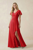 V - Neck Flutter Sleeve A - Line Chiffon Bridesmaid Dress in Ruby Red - SHE IS ME Bridesmaid Dresses