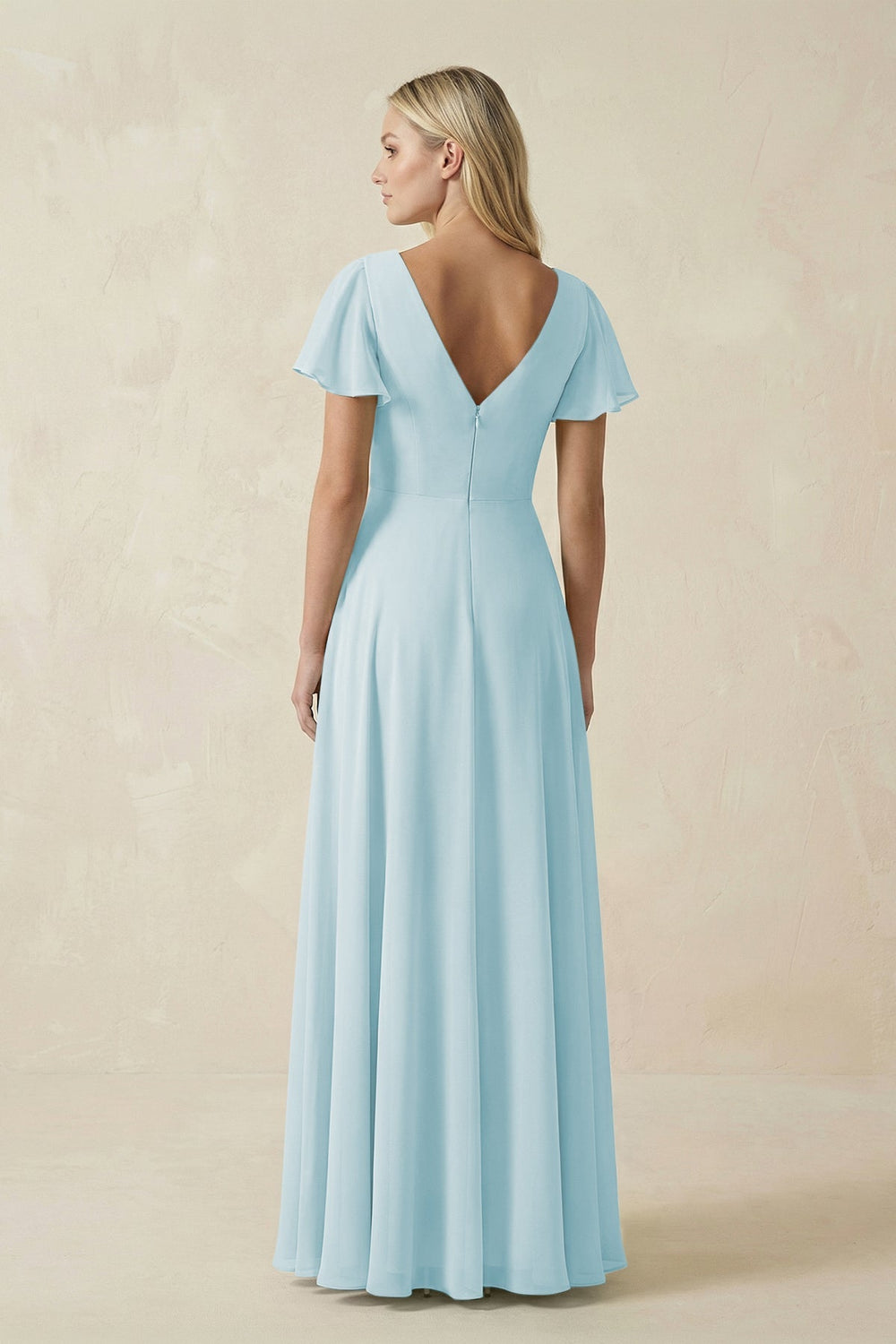 V - Neck Flutter Sleeve A - Line Chiffon Bridesmaid Dress in Sky Blue - SHE IS ME Bridesmaid Dresses