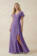 V - Neck Flutter Sleeve A - Line Chiffon Bridesmaid Dress in Tahiti - SHE IS ME Bridesmaid Dresses