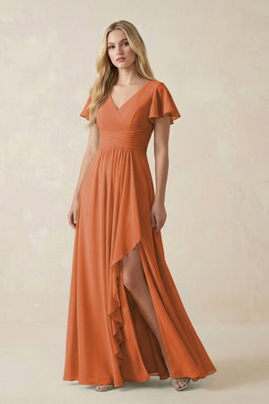 V - Neck Flutter Sleeve A - Line Chiffon Bridesmaid Dress in Terracotta - SHE IS ME Bridesmaid Dresses