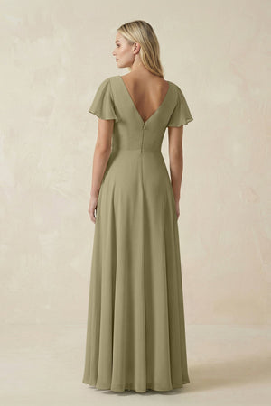 V - Neck Flutter Sleeve A - Line Chiffon Bridesmaid Dress in Thyme - SHE IS ME Bridesmaid Dresses