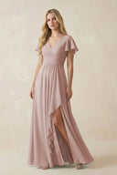 V - Neck Flutter Sleeve A - Line Chiffon Bridesmaid Dress in Toffee - SHE IS ME Bridesmaid Dresses
