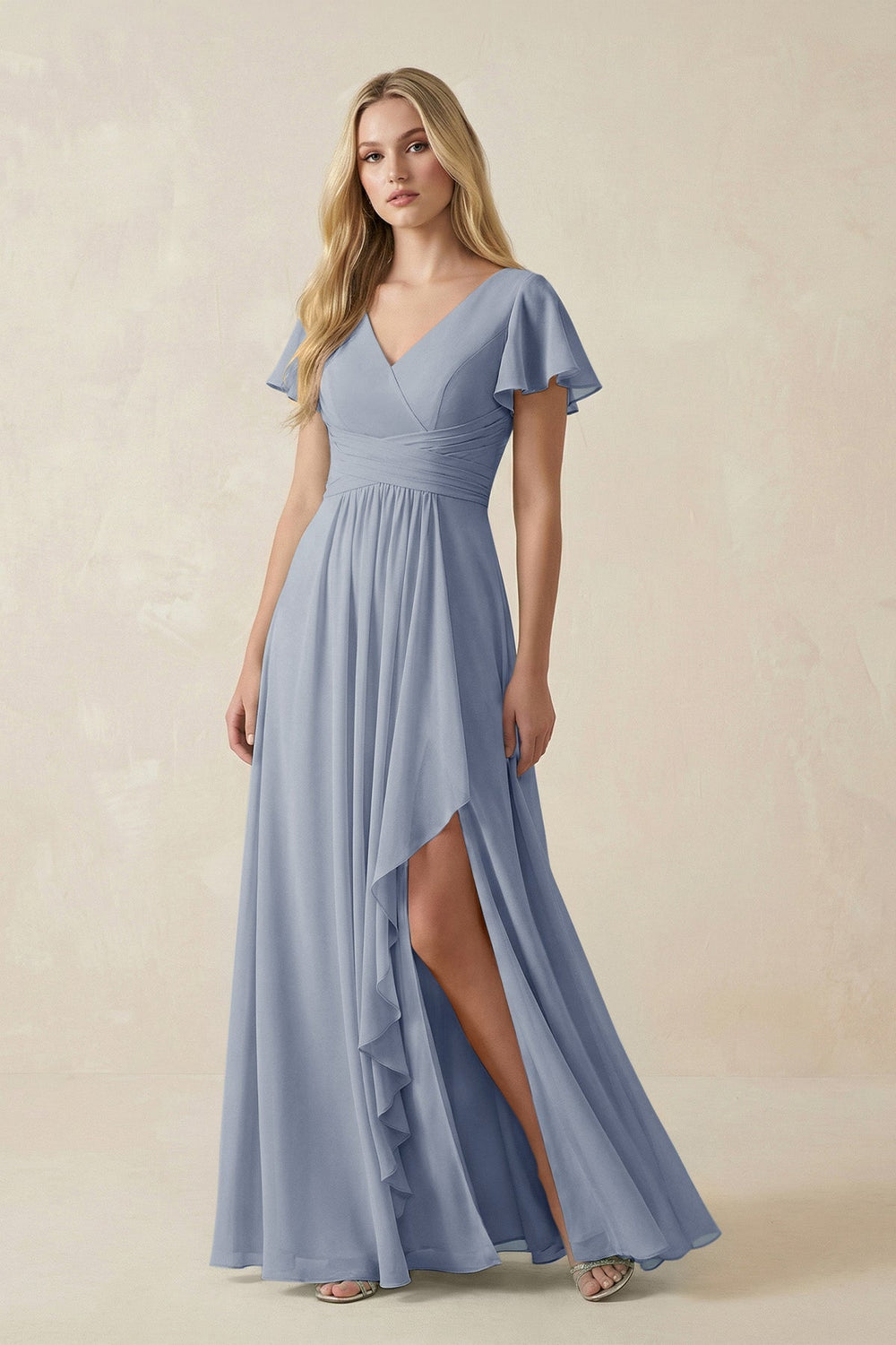 V - Neck Flutter Sleeve A - Line Chiffon Bridesmaid Dress in Twilight - SHE IS ME Bridesmaid Dresses