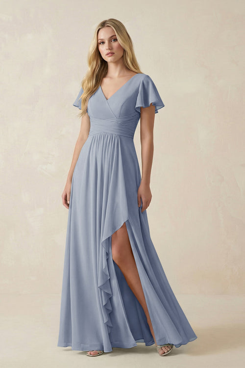 V - Neck Flutter Sleeve A - Line Chiffon Bridesmaid Dress in Twilight - SHE IS ME Bridesmaid Dresses