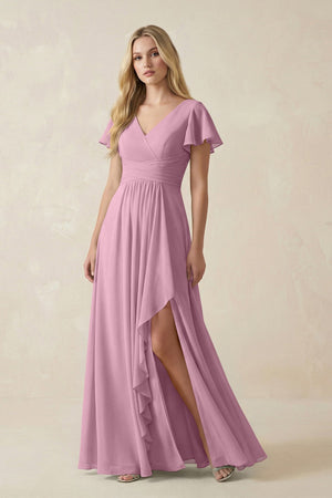 V - Neck Flutter Sleeve A - Line Chiffon Bridesmaid Dress in Vintage Mauve - SHE IS ME Bridesmaid Dresses