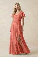 V - Neck Flutter Sleeve A - Line Chiffon Bridesmaid Dress in Wild Rose - SHE IS ME Bridesmaid Dresses