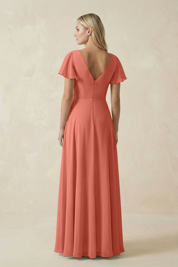 V - Neck Flutter Sleeve A - Line Chiffon Bridesmaid Dress in Wild Rose - SHE IS ME Bridesmaid Dresses