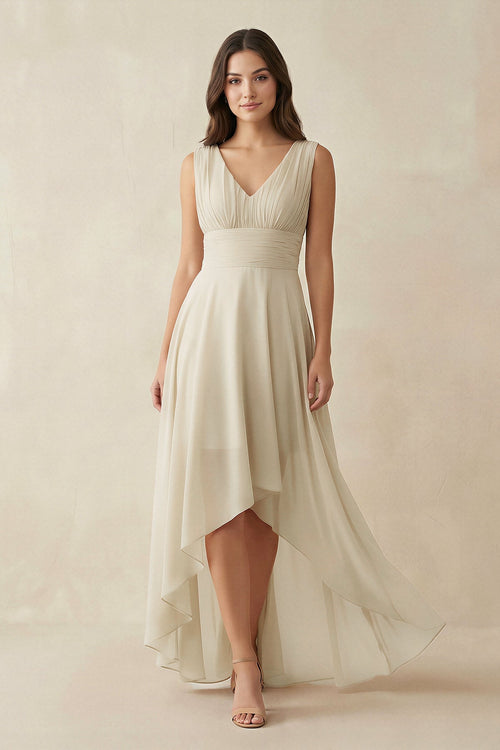V - Neck High - Low Chiffon Bridesmaid Dress in Champagne - SHE IS ME Bridesmaid Dresses