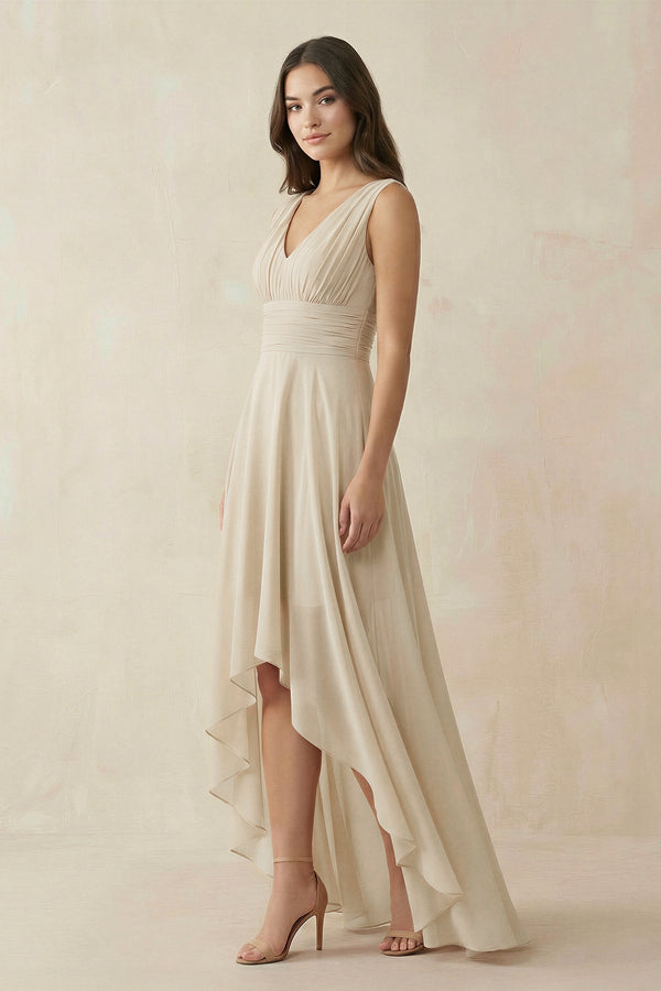 V - Neck High - Low Chiffon Bridesmaid Dress in Champagne - SHE IS ME Bridesmaid Dresses