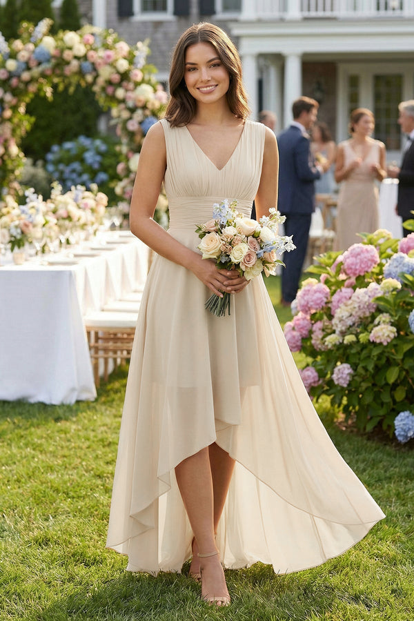 V - Neck High - Low Chiffon Bridesmaid Dress in Champagne - SHE IS ME Bridesmaid Dresses