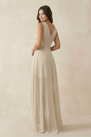 V - Neck High - Low Chiffon Bridesmaid Dress in Champagne - SHE IS ME Bridesmaid Dresses