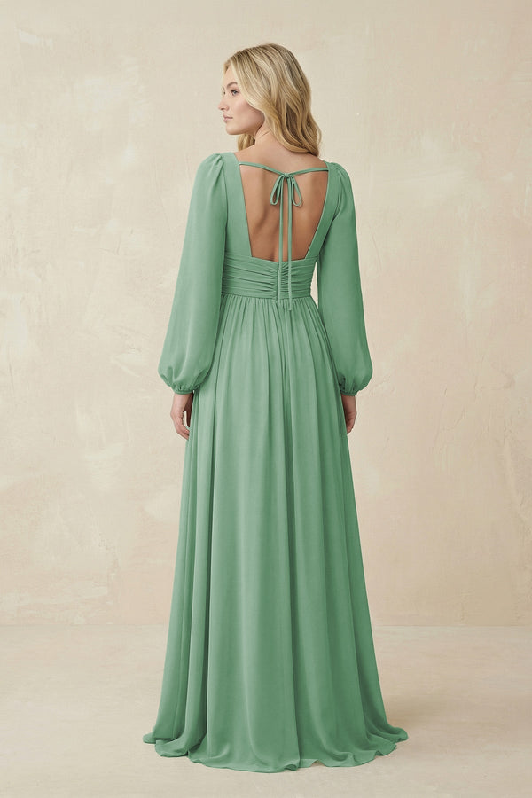 V-Neck Long Sleeve A-Line Chiffon Bridesmaid Dress in Sea Glass - SHE IS ME BRIDESMAID DRESSES