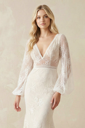 V - Neck Long Sleeve Mermaid Backless Lace Wedding Dresses - SHE IS ME Wedding Dresses