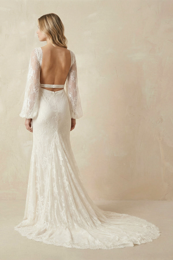 V - Neck Long Sleeve Mermaid Backless Lace Wedding Dresses - SHE IS ME Wedding Dresses