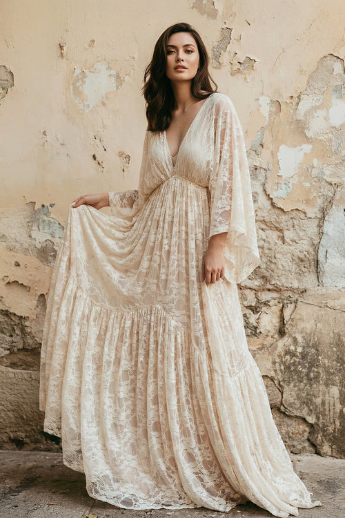 V Neck Long Sleeves Lace Wedding Dress - SHE IS ME Wedding Dresses