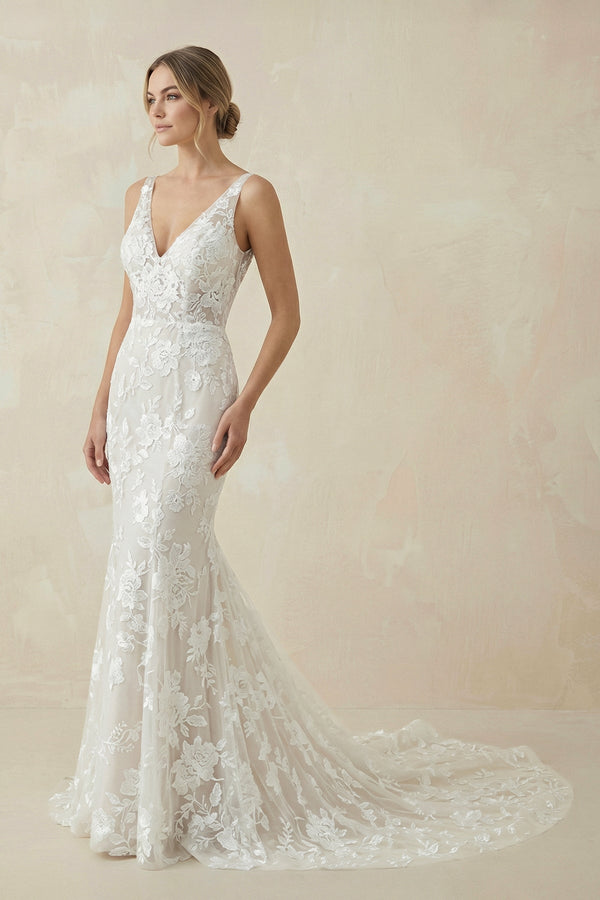 V Neck Mermaid Lace Wedding Dress in White and Nude - SHE IS ME Wedding Dresses