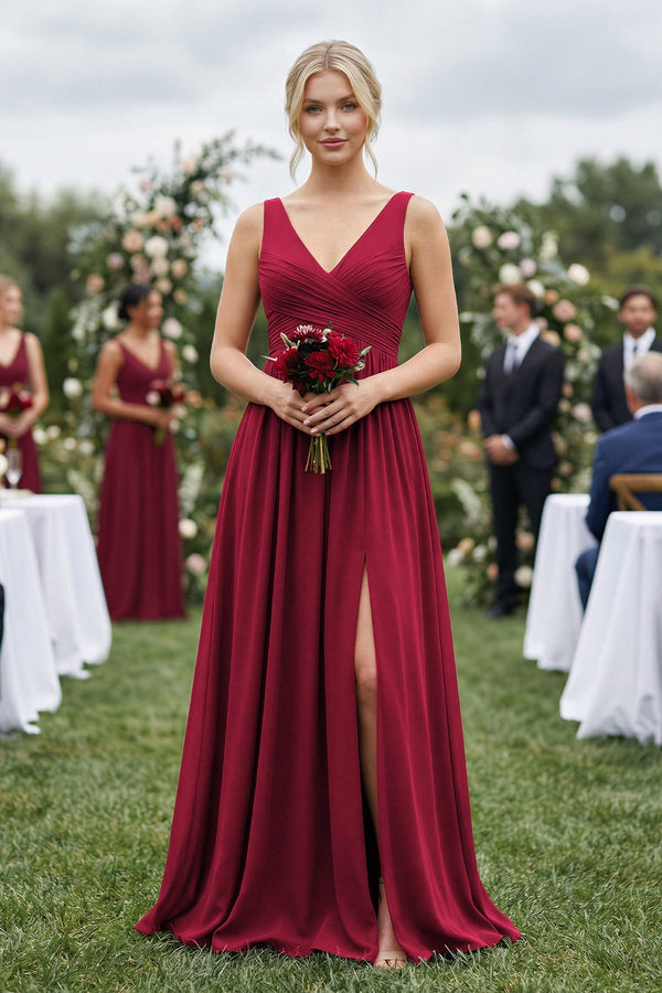 V - Neck Pleated A - Line Chiffon Bridesmaid Dress in Berry - SHE IS ME Bridesmaid Dresses