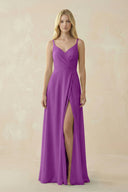 V - Neck Ruched Chiffon Bridesmaid Dress with Slit in Amethyst - SHE IS ME Bridesmaid Dresses