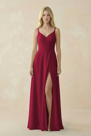 V - Neck Ruched Chiffon Bridesmaid Dress with Slit in Berry - SHE IS ME Bridesmaid Dresses