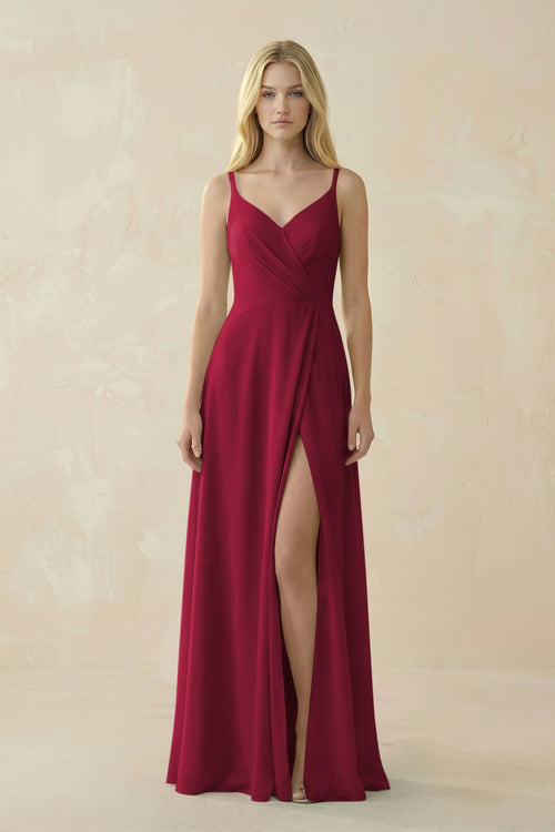 V - Neck Ruched Chiffon Bridesmaid Dress with Slit in Berry - SHE IS ME Bridesmaid Dresses