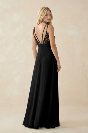V - Neck Ruched Chiffon Bridesmaid Dress with Slit in Black - SHE IS ME Bridesmaid Dresses