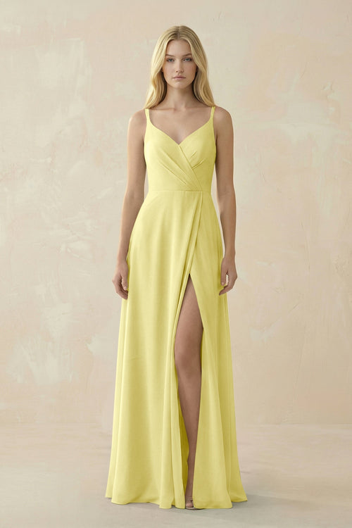 V - Neck Ruched Chiffon Bridesmaid Dress with Slit in Buttercup - SHE IS ME Bridesmaid Dresses