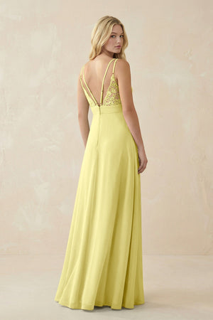 V - Neck Ruched Chiffon Bridesmaid Dress with Slit in Buttercup - SHE IS ME Bridesmaid Dresses