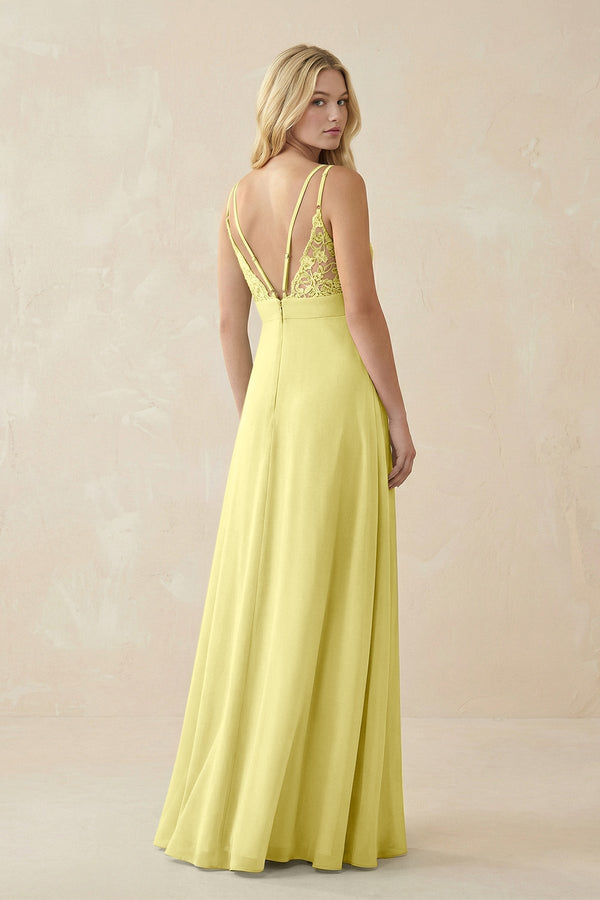 V - Neck Ruched Chiffon Bridesmaid Dress with Slit in Buttercup - SHE IS ME Bridesmaid Dresses