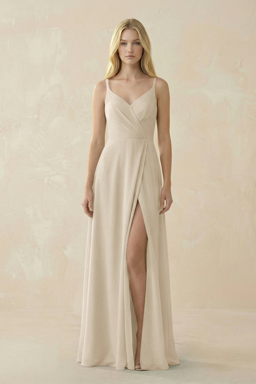 V - Neck Ruched Chiffon Bridesmaid Dress with Slit in Champagne - SHE IS ME Bridesmaid Dresses
