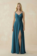V - Neck Ruched Chiffon Bridesmaid Dress with Slit in Dark Teal - SHE IS ME Bridesmaid Dresses