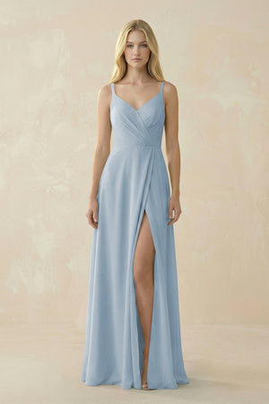 V - Neck Ruched Chiffon Bridesmaid Dress with Slit in Dusty Blue - SHE IS ME Bridesmaid Dresses