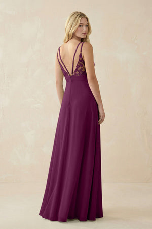 V - Neck Ruched Chiffon Bridesmaid Dress with Slit in Fig - SHE IS ME Bridesmaid Dresses