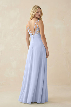 V - Neck Ruched Chiffon Bridesmaid Dress with Slit in Ice - SHE IS ME Bridesmaid Dresses