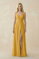 V - Neck Ruched Chiffon Bridesmaid Dress with Slit in Marigold - SHE IS ME Bridesmaid Dresses