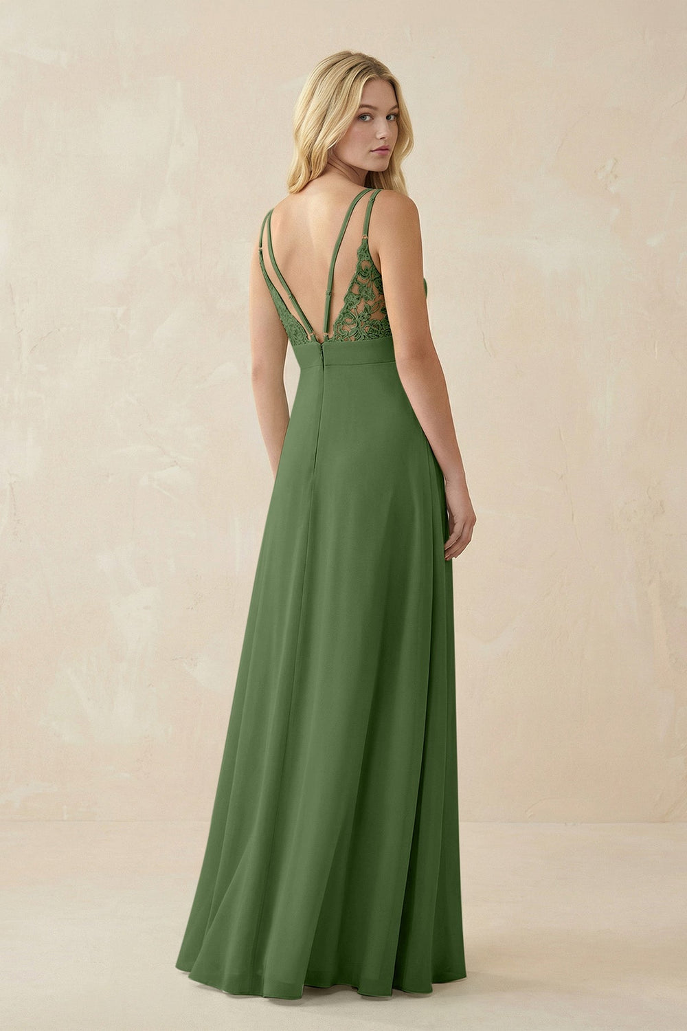 V - Neck Ruched Chiffon Bridesmaid Dress with Slit in Moss - SHE IS ME Bridesmaid Dresses