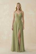 V - Neck Ruched Chiffon Bridesmaid Dress with Slit in Moss Green - SHE IS ME Bridesmaid Dresses