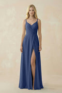 V - Neck Ruched Chiffon Bridesmaid Dress with Slit in Navy - SHE IS ME Bridesmaid Dresses