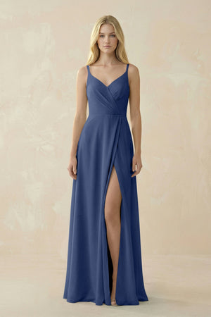 V - Neck Ruched Chiffon Bridesmaid Dress with Slit in Navy - SHE IS ME Bridesmaid Dresses