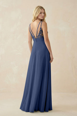 V - Neck Ruched Chiffon Bridesmaid Dress with Slit in Navy - SHE IS ME Bridesmaid Dresses