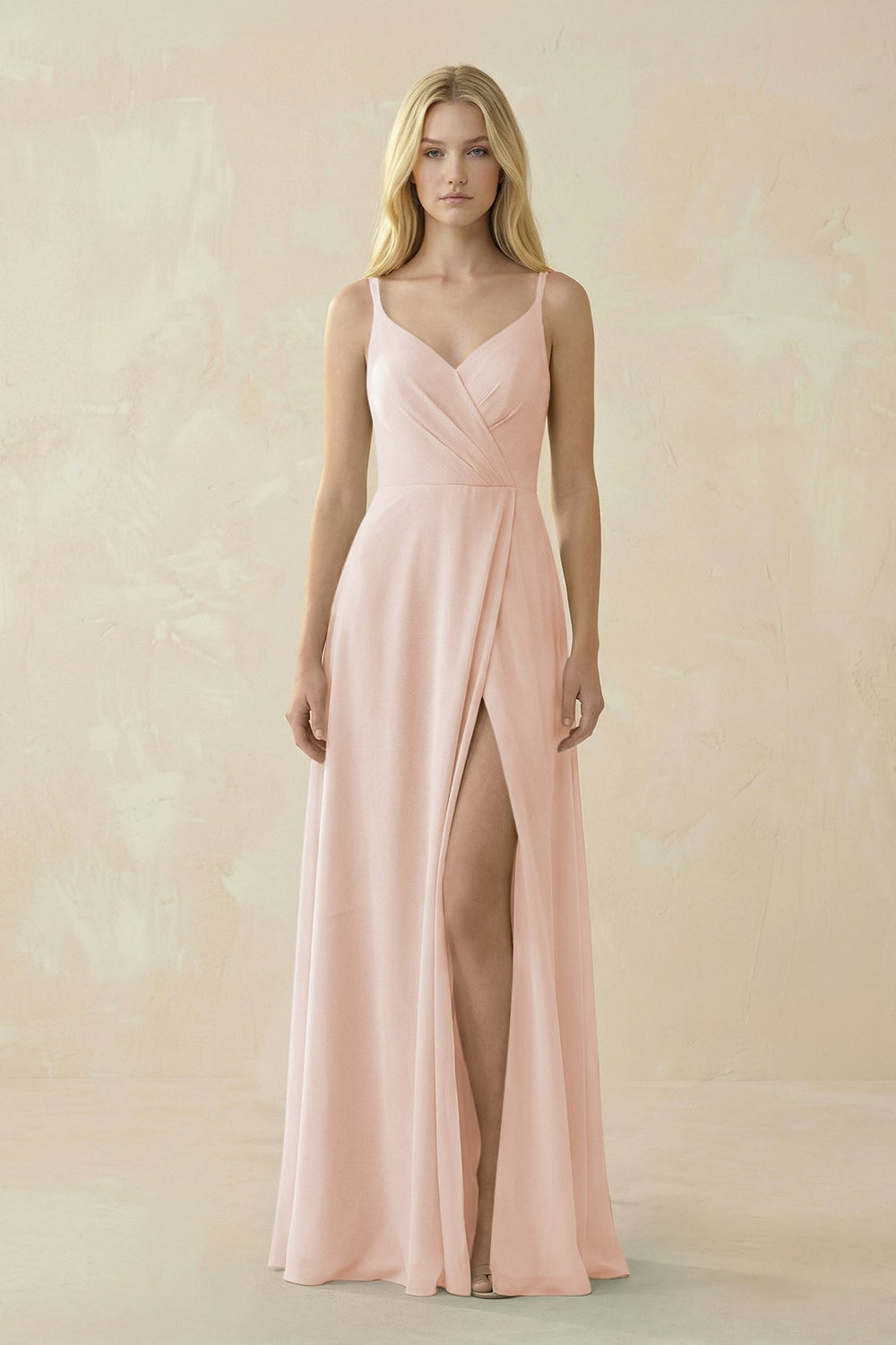 V - Neck Ruched Chiffon Bridesmaid Dress with Slit in Pale Blush - SHE IS ME Bridesmaid Dresses