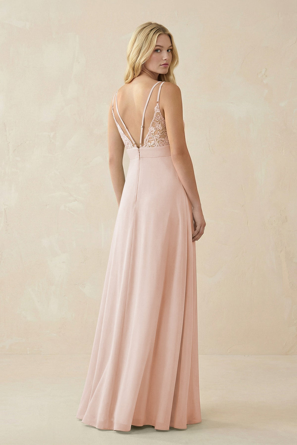 V - Neck Ruched Chiffon Bridesmaid Dress with Slit in Pale Blush - SHE IS ME Bridesmaid Dresses