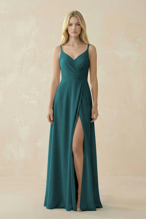 V - Neck Ruched Chiffon Bridesmaid Dress with Slit in Pine - SHE IS ME Bridesmaid Dresses