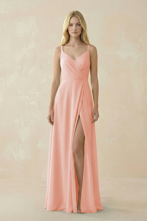 V - Neck Ruched Chiffon Bridesmaid Dress with Slit in Rose Petal - SHE IS ME Bridesmaid Dresses